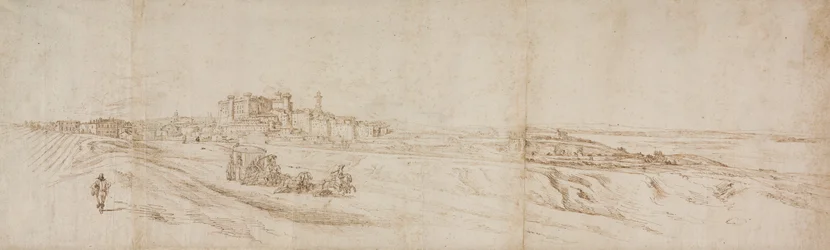 Utsikt över Castello Bracciano, nära Rom med buss och figurer