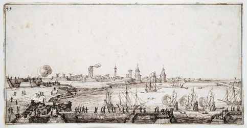 Utsikt över hamnen i La Rochelle med galjoner som avfyrar en salut (penna och brunt bläck på papper)