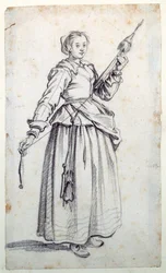 Kvinna med spindel (svart krita på papper)