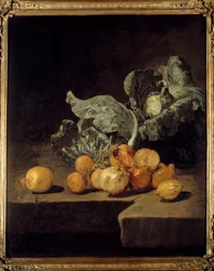 Stilleben, kål och lök Målning av Jacques Charles Oudry (1720-1778)