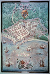 Utsikt över staden Le Havre Page tagen från "" Les Premieres Works de Jacques Delvaux Pilot en la Marine"" av Jacques Delvaux (1500-talet)