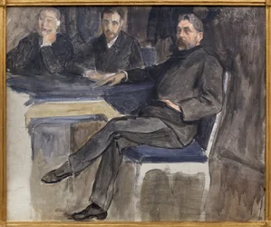 Studera för porträttet av Stephane Mallarme (1842-1898) och hans vänner från La Revue Independante. Målning av Jacques Emile Blanche (1861-1942), olja på duk