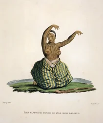 Dansande kvinna från ön Maui, på Hawaiiöarna, graverad av Parfait Augrand (f.1782)