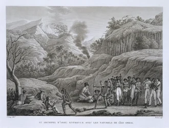Stora asiatiska skärgården: Franska upptäcktsresande med infödda på ön Ombai, från Voyage Autour du Monde (1817-20), av Louis Claude De Saulces de Freycinet (1779-1842) graverad av Bovinet, publicerad