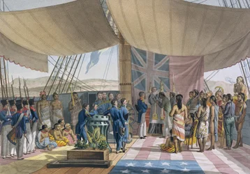 Sandwichöarna: Konungarnas premiärministers dop ombord på Uranie, från Voyage Autour du Monde sur les Corvettes de LUranie 1817-20 graverad av Lerouge and Forget, publicerad 1825 (