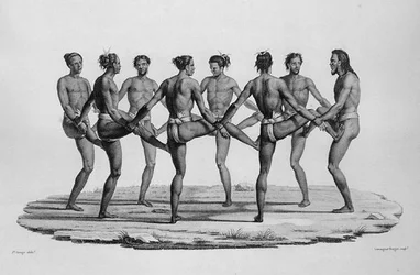 Native Dance in the Caroline Islands, från Voyage Autour du Monde sur les Corvettes de LUranie 1817-20 graverad av Lerouge and Forget, publicerad 1825