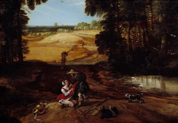Bakhåll. Några rånare i skogen predikar för att våldta en kvinna. Målning av Jacques Fouquieres (1580-1659)