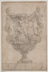 Prydnadsvas med Pan, faun och nymf. Kopia efter Pl. 14 i sviten med vaser designade av Saly 1746. "Vasa a se inventa..."