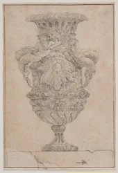 Prydnadsvas med stort huvud, havsgud och vattennymf. Kopia efter Pl. 26 i sviten med vaser designade av Saly 1746. "Vasa a se inventa..."