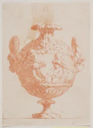 Dekorativ vas med två huvuden och två putti. Kopiera enligt pl. 19 i sviten med vaser designade av Saly 1746. "Vasa a se inventa..."