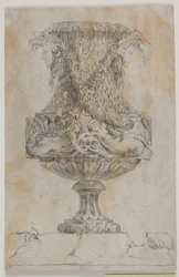 Dekorativ vas med två huvuden och två vattennymfer. Kopia efter Pl. 20 i sviten med vaser designade av Saly 1746. "Vasa a se inventa..."