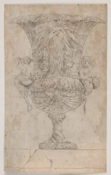 Dekorativ vas med två putti (sjöjungfrur?). Kopia efter redigering (pl. 9) i sviten av vaserna tecknade av Saly 1746. "Vasa a se inventa..."