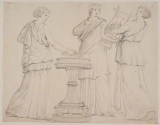 Tre kvinnor i grekiska dräkter vid ett altare. Kvinnan t.v. med en tablett (?), i mitten med en krona, t.h. med en lyra (terpsichore?)