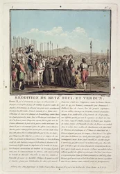 Henri II (1519-59) får nycklarna till Metz, Toul och Verdun (1552), graverade av Jean Baptiste Morret (fl.1790-1820), 1790 (färgad litho)