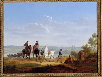 Landskap med figurer och ryttare Målning av Jacques Francois Joseph Swebach