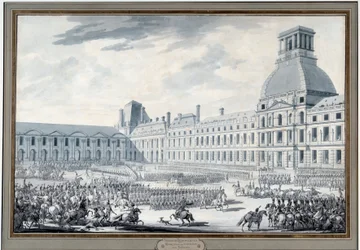 Revue des troupes av Napoleon Bonaparte (1769-1821) vid Tuilerierna Gravyr av Jacques Swebach dit Fontaine (1769-1823) 1800-talets Paris, Musee Carnavalet
