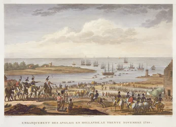 Engelsmännens embarkering i Holland, 30 november 1799, graverad av Louis Francois Couche (1782-1849) (akvatint)