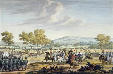 Det kejserliga gardet manövrerar i närvaro av de två kejsarna i Tilsit, 28 juni 1807, graverat av Edme Bovinet (1767-1832) (akvatint)