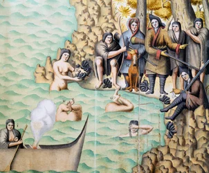 Infödda kvinnor som fångar skaldjur i Magellansundet, akvarell av Duplessis skapad under Jacques Gouin de Beauchesnes (1652-1730) resa i Patagonien mellan 1698 och 1701, Argentina