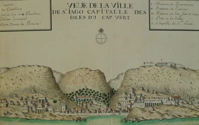Staden Saint Jago (Santiago) på Kap Verde, akvarell från loggboken som fördes av Jacques Gouin de Beauchesne, fartygets kapten i Söderhavet från 1698 till 1701.