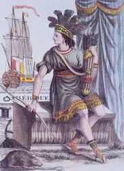 Titelsida från, Encyclopedia of Voyages av Jacques Grasset de Saint-Sauveur, som skildrar en allegori över Amerika