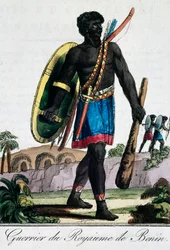 Krigare från Benin Afrika, gravyr från Travelling encyclopaedia