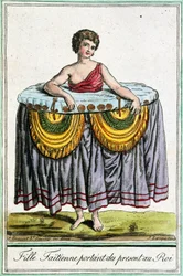Ung kvinna erbjuder gåvor till kungen, Tahiti, Society Islands, gravyr från Encyclopedia of voyages, av Jacques Grasset de Saint-Sauveur (1757-1810)