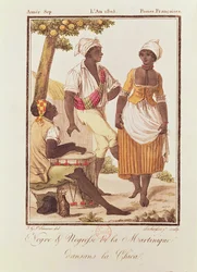 Svart man och svart kvinna från Martinique dansar ”la Chica”, graverad av Lachuassee, 1805