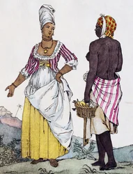 Svart kvinna och mulattkvinna av Santo Domingo, färggravyr från teckning av Labrousse