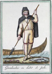 Grönländare i fiskeredskap - i "" Encyclopédie des voyages"" av Grasset Saint Sauveur, red. Paris 1796