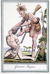 Iroquois krigare skalperar sin fiende - i "" Encyclopedia of travels"" av Grasset St Sauveur, Paris