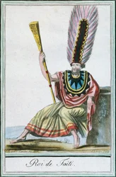 King of Tahiti, Society Islands, färgstick från teckning av Labrousse (aktiv 1796) från Encyclopedie des Voyages av Jacques Grasset de Saint-Sauveur (1757-1810)