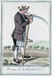 Man of the Black Forest, vässar sin falska för skörden - i”” Encyclopedia of Voyages””” av Grasset St Sauveur, red. Deroy, Paris