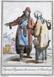 Peasant and Peasant of Petersburg - i "" Encyclopedia of Travels"" av Grasset St Sauveur, red. 1796