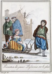 Rekreation av unga ryssar på en rodel (ryssar) - i "" Encyclopedia of Travels"" av Grasset Saint Sauveur, red. Paris 1796