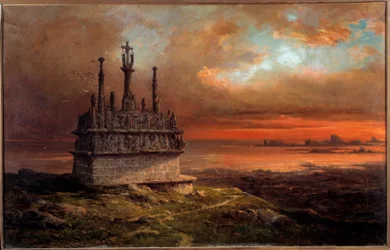 Golgata i Tronoen i solnedgångsmålningen av Jacques Guiaud (1811-1876) Brest från 1800-talet, Musee des Beaux Arts