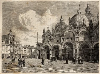 Torget och Markuskyrkan (Saint Markus), teckning av Jacques Guiaud (1810-1876), för att illustrera Adalbert de Beaumonts resa till Venedig, omkring 1850. Gravyr i "" Le tour du monde", redigerad av Edouard Charton