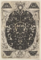 Ovalt hänge dekorerat med Schweifwerk, omgivet av mindre motiv och krönt b..., ca. 1614-19.