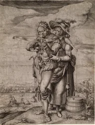 The Crossbowman and the Milkmaid - The Crossbowman and the Milkmaid - Gheyn, Jacques de, the Younger (Jacob De Gheyn II, dit le Jeune) (1565-1629) - ca. 1610 - Kopparstick - 39,3x30 - Privat samling