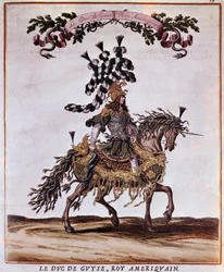 Manuskript av karusellen 1662. Hertigen av Guise i den amerikanske kungen, deltagande i karusellen 1662 (fest som hölls i Paris under Ludvig XIV:s regering). Illustration av Jacques I Bailly (1629 - 1679).