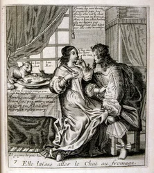 1600-talsgravyr ur en samling ordspråk. Paris 1657-1663. Av Jacques Lagniet (1620-1675). Fransk gravör. Från honom många samhällskritiska gravyrer och hånbilder som t.ex. hans ibland groteska och fantastiska illustrationer