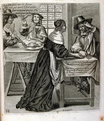 1600-talsgravyr ur en samling ordspråk. Paris 1657-1663. Av Jacques Lagniet (1620-1675). Fransk gravör. Från honom många samhällskritiska gravyrer och hånbilder som t.ex. hans ibland groteska och fantastiska illustrationer