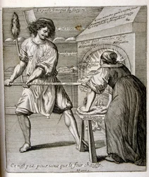 1600-talsgravyr ur en samling ordspråk. Paris 1657-1663. Av Jacques Lagniet (1620-1675). Fransk gravör. Från honom många samhällskritiska gravyrer och hånbilder som t.ex. hans ibland groteska och fantastiska illustrationer