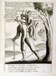 1600-talsgravyr ur en samling ordspråk. Paris 1657-1663. Av Jacques Lagniet (1620-1675). Fransk gravör. Från honom många samhällskritiska gravyrer och hånbilder som t.ex. hans ibland groteska och fantastiska illustrationer