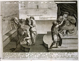 1600-talsgravyr ur en samling ordspråk. Paris 1657-1663. Av Jacques Lagniet (1620-1675). Fransk gravör. Från honom många samhällskritiska gravyrer och hånbilder som t.ex. hans ibland groteska och fantastiska illustrationer