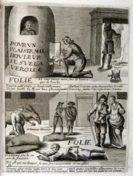 1600-talsgravyr ur en samling ordspråk. Paris 1657-1663. Av Jacques Lagniet (1620-1675). Fransk gravör. Från honom många samhällskritiska gravyrer och hånbilder som t.ex. hans ibland groteska och fantastiska illustrationer