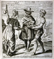 1600-talsgravyr ur en samling ordspråk. Paris 1657-1663. Av Jacques Lagniet (1620-1675). Fransk gravör. Från honom många samhällskritiska gravyrer och hånbilder som t.ex. hans ibland groteska och fantastiska illustrationer