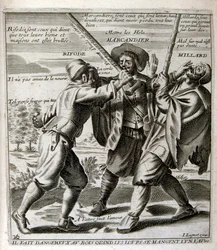1600-talsgravyr ur en samling ordspråk. Paris 1657-1663. Av Jacques Lagniet (1620-1675). Fransk gravör. Från honom många samhällskritiska gravyrer och hånbilder som t.ex. hans ibland groteska och fantastiska illustrationer