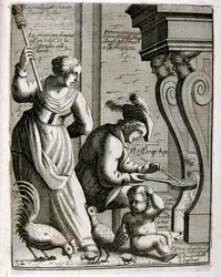 1600-talsgravyr ur en samling ordspråk. Paris 1657-1663. Av Jacques Lagniet (1620-1675). Fransk gravör. Från honom många samhällskritiska gravyrer och hånbilder som t.ex. hans ibland groteska och fantastiska illustrationer