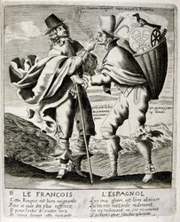 1600-talsgravyr ur en samling ordspråk. Paris 1657-1663. Av Jacques Lagniet (1620-1675). Fransk gravör. Från honom många samhällskritiska gravyrer och hånbilder som t.ex. hans ibland groteska och fantastiska illustrationer